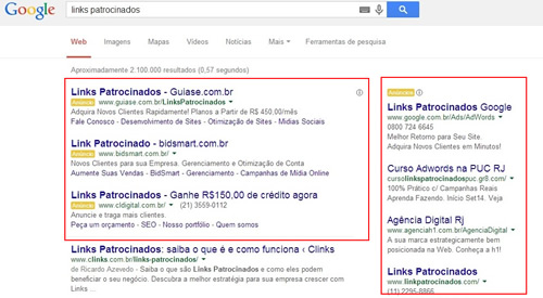 Exemplo de Links Patrocinados no Google